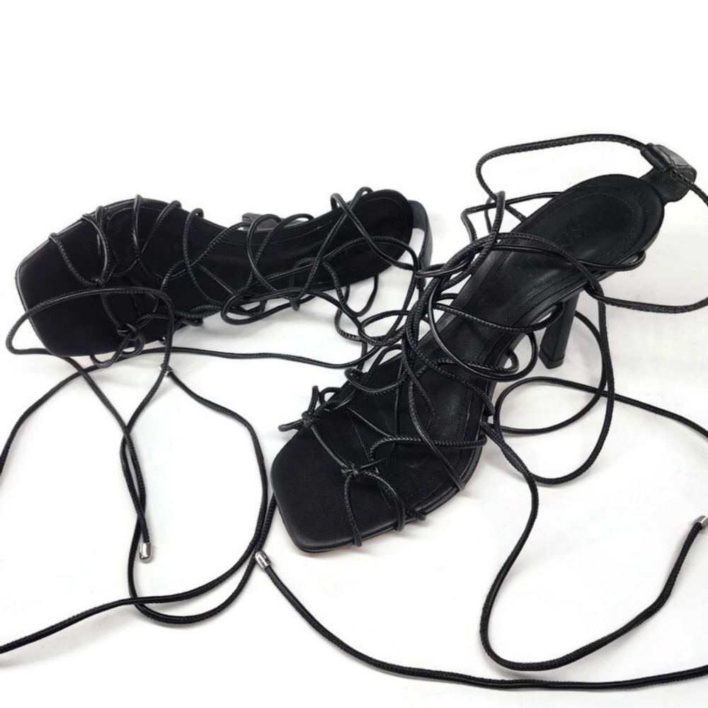 Schutz Heyde Black Leather Strappy Wrap Around & Tie Open-Toe High Heel Sandals - Picture 6 of 11